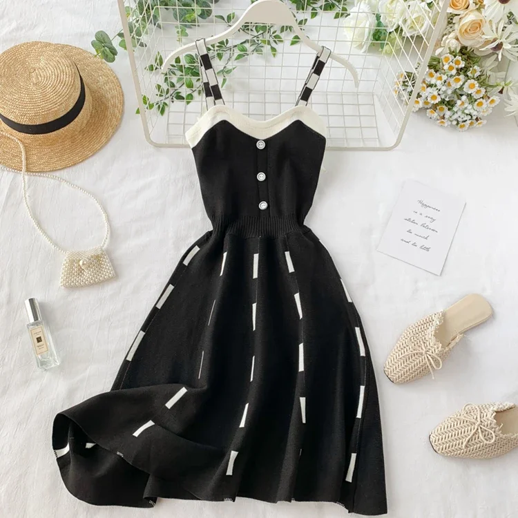 Alternative view of Knitted Contrast color Sexy V Neck Spaghetti Strap Summer Mini Dress Women Casual Party Yellow Black Sweater Dresses