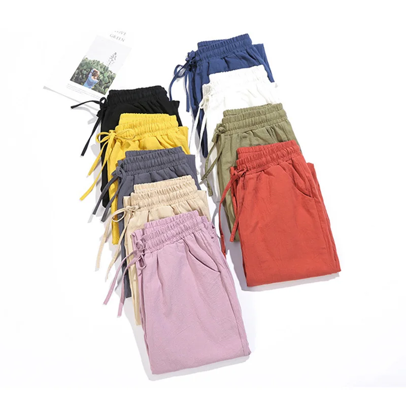 Alternative view of Womens Spring Summer Pants Cotton Linen Solid Elastic waist Candy Colors Harem Trousers Casual Female Pants