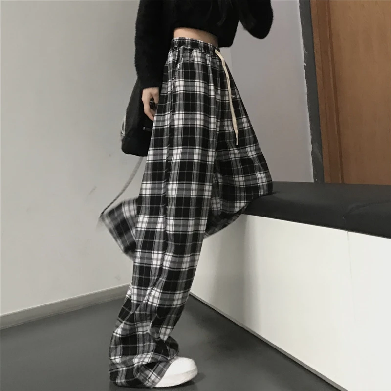 Alternative view of Oversize Women Sweatpants Fashion Black Plaid Casual Pants Baggy Elastic Waist Pockets Student Unisex Hip Hop Loose Trousers