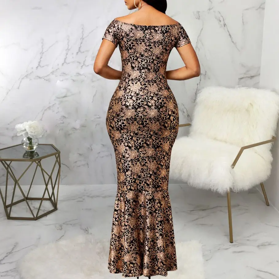 Alternative view of Vintage Flower Print Maxi Dresses for Women Luxury Sexy Off Shoulder Slit Bodycon Robe Classy Elegant Evening Party Dress Vestid