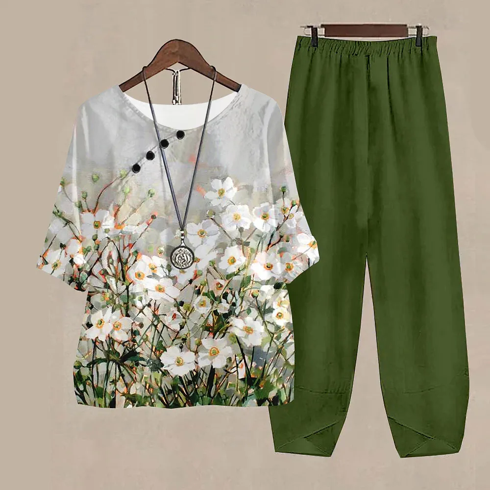 New Women O Neck Short Sleeve Suit Flower Print Elegant Two Piece Sets Female Outfits High Waist Loose Pants Ladies Tops Summer