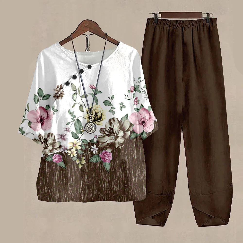 Alternative view of New Women O Neck Short Sleeve Suit Flower Print Elegant Two Piece Sets Female Outfits High Waist  Loose Pants Ladies Tops Summer