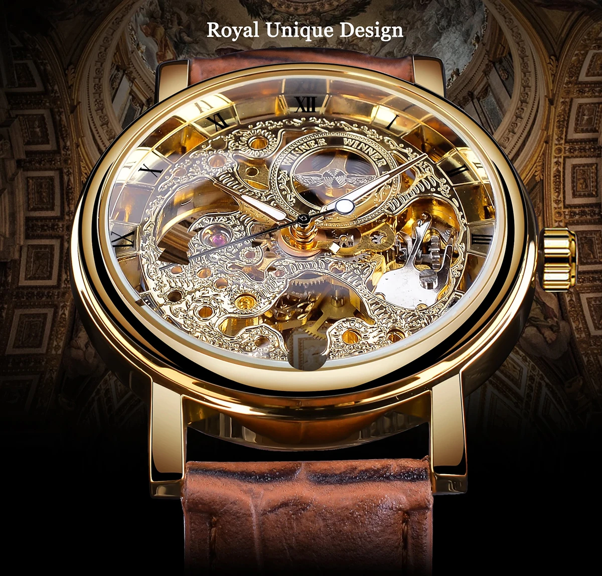 Alternative view of Winner Transparent Fashion Case Luxury Casual Design Leather Strap Mens Watches Top Brand Luxury Mechanical Skeleton Watch