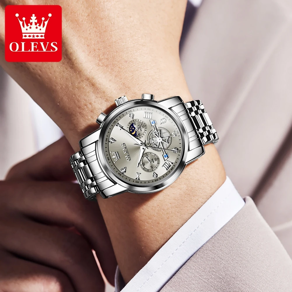 Alternative view of OLEVS Men's Watches Classic Multifunctional Fltwheel Chronograph Original Quartz Wristwatch Moon Phase 24 Hour Waterproof reloj