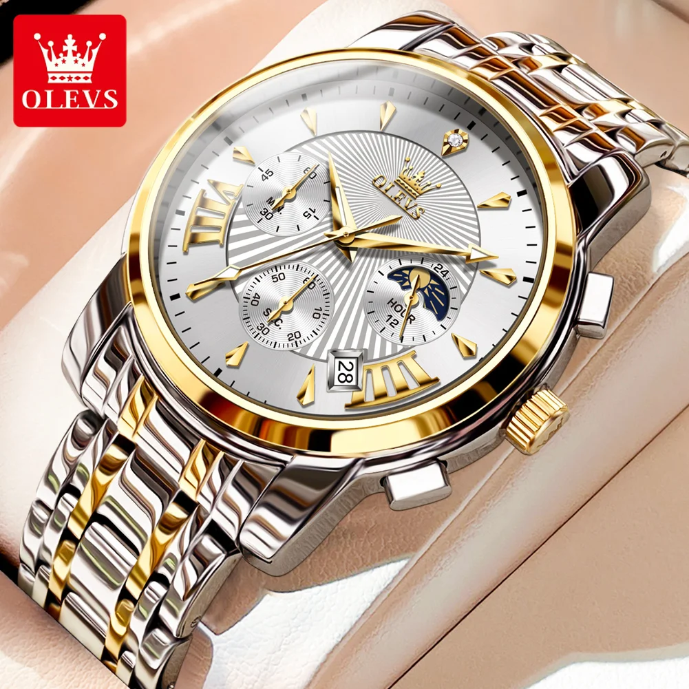 Alternative view of OLEVS Men's Watches Top Brand Multifunctional Chronograph Wristwatch Original Quartz Watch for Man Waterproof Luminous Date Moon