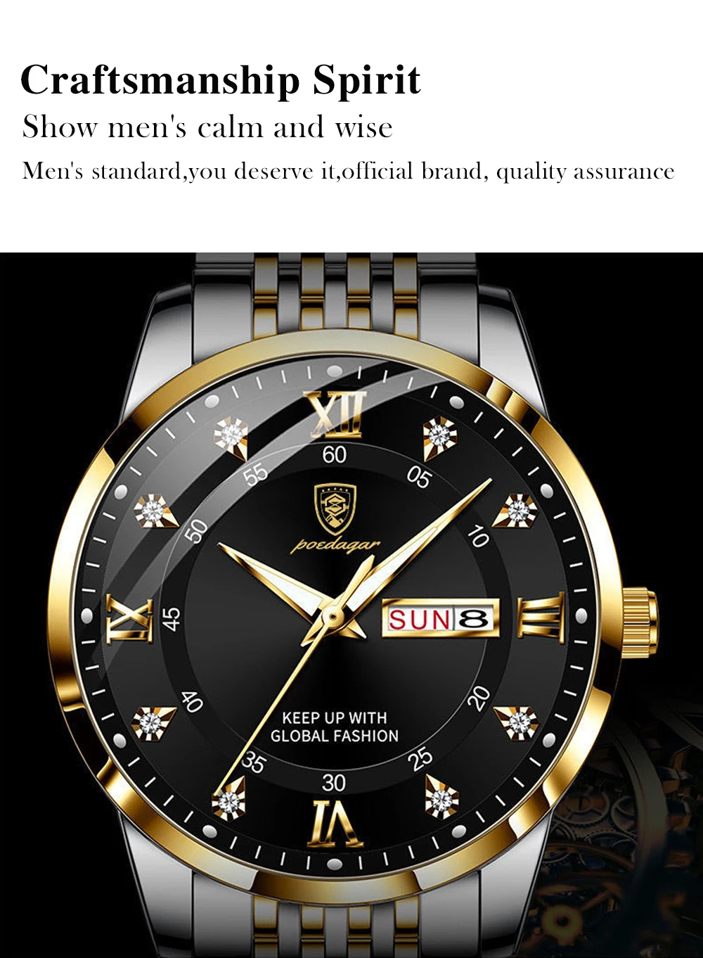 POEDAGAR Men Watch Stainless Steel Top Quailty Luxury Push Button Hidden Clasp Waterproof Luminous Date Week Sport Wrist Watches