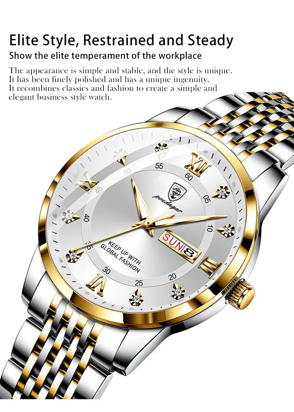 POEDAGAR Men Watch Stainless Steel Top Quailty Luxury Push Button Hidden Clasp Waterproof Luminous Date Week Sport Wrist Watches