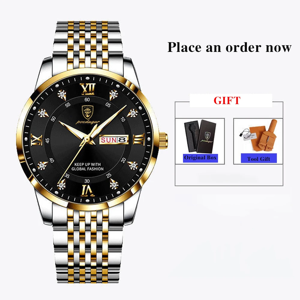 Alternative view of POEDAGAR Men Watch Stainless Steel Top Quailty Luxury Push Button Hidden Clasp Waterproof Luminous Date Week Sport Wrist Watches