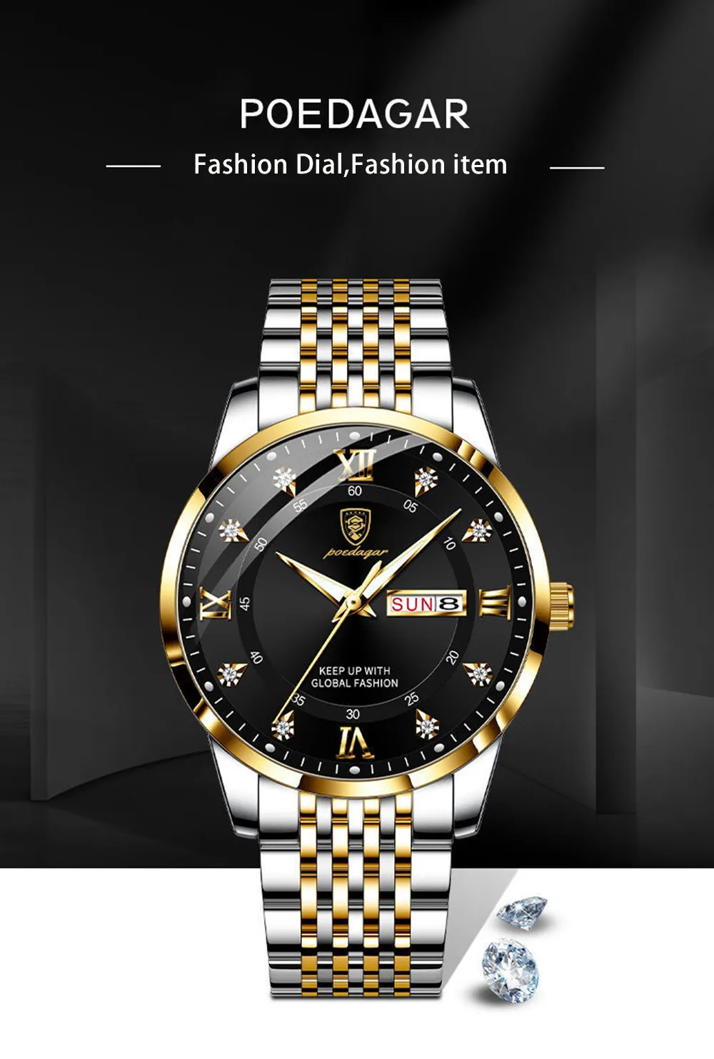 POEDAGAR Men Watch Stainless Steel Top Quailty Luxury Push Button Hidden Clasp Waterproof Luminous Date Week Sport Wrist Watches