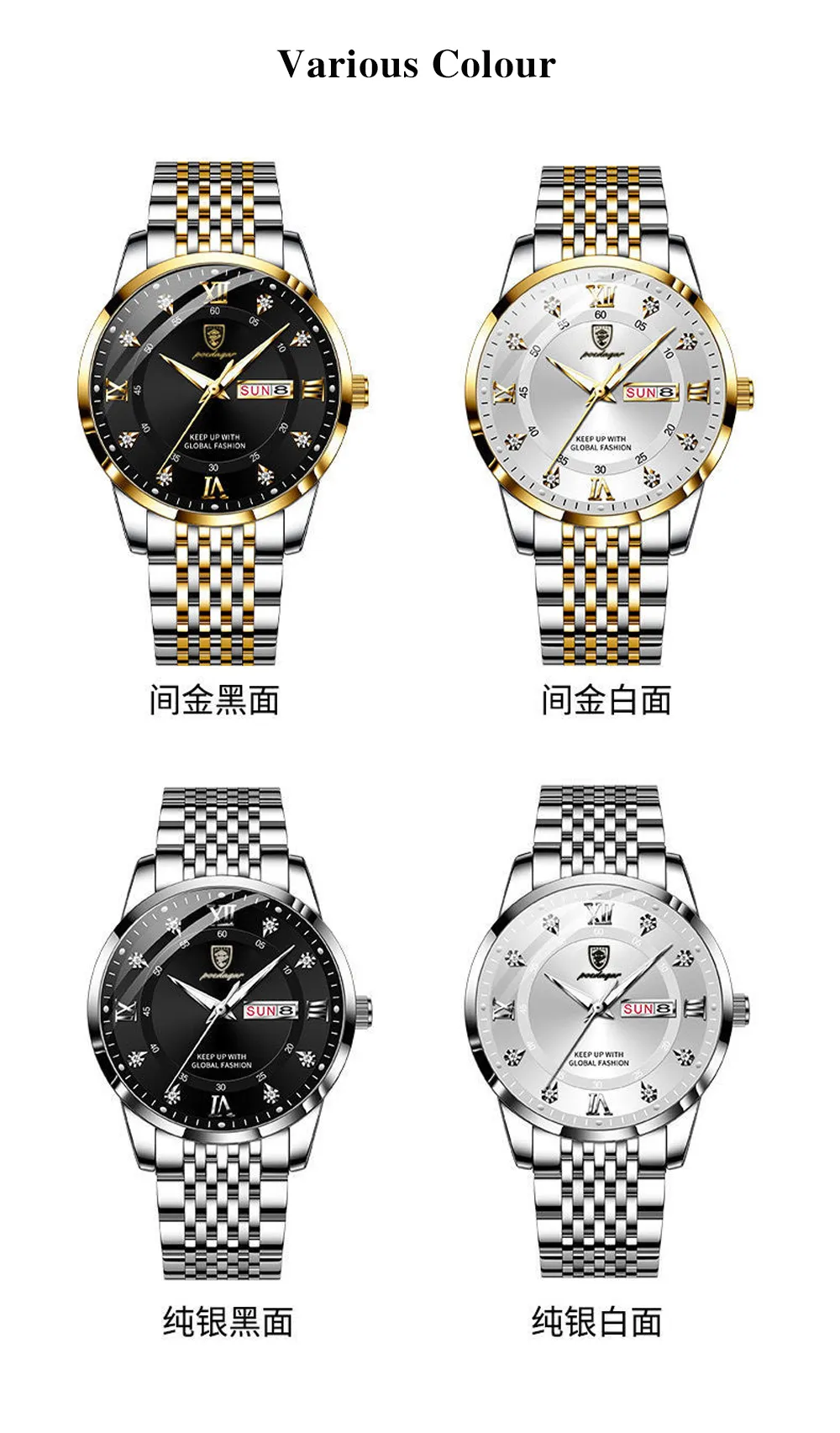 POEDAGAR Men Watch Stainless Steel Top Quailty Luxury Push Button Hidden Clasp Waterproof Luminous Date Week Sport Wrist Watches