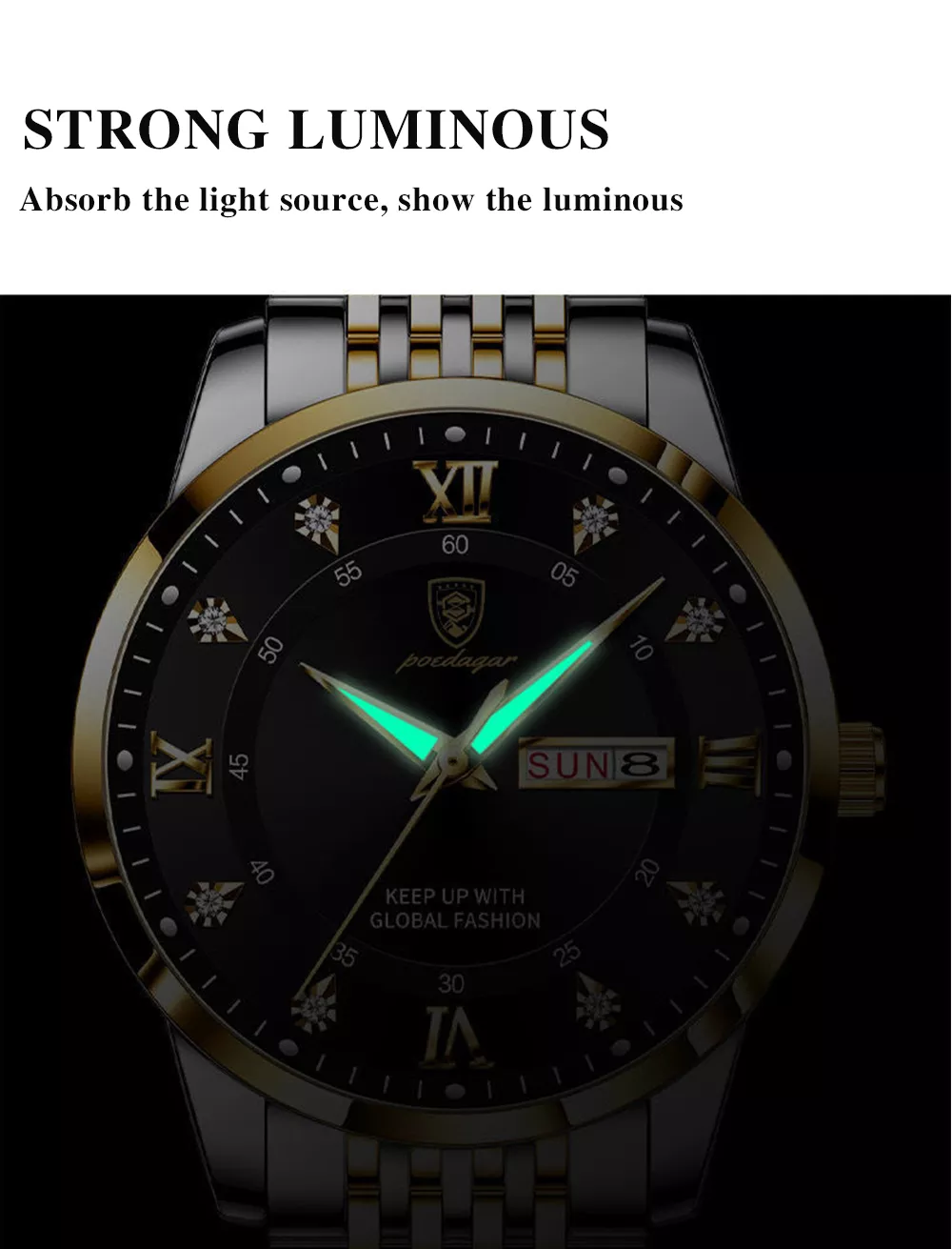 POEDAGAR Men Watch Stainless Steel Top Quailty Luxury Push Button Hidden Clasp Waterproof Luminous Date Week Sport Wrist Watches
