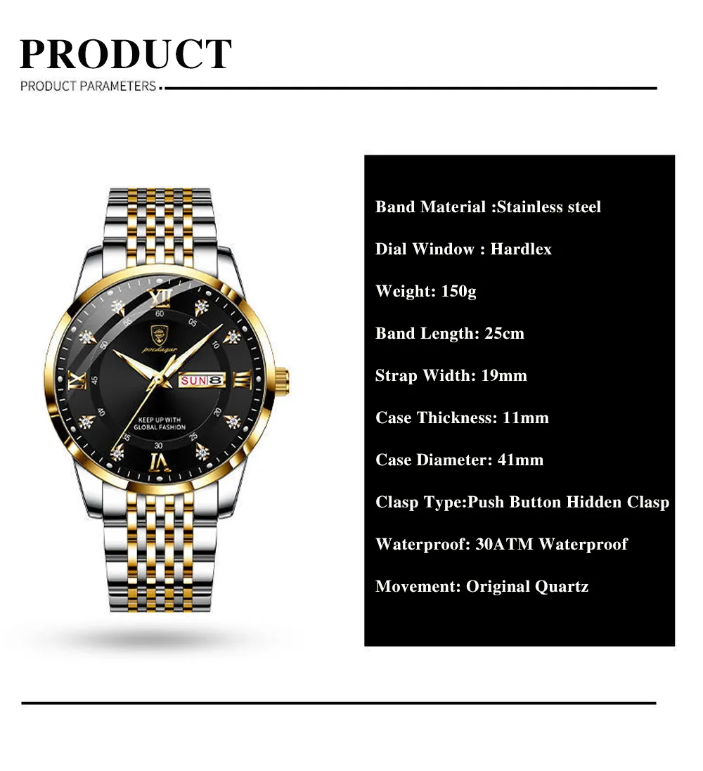 POEDAGAR Men Watch Stainless Steel Top Quailty Luxury Push Button Hidden Clasp Waterproof Luminous Date Week Sport Wrist Watches