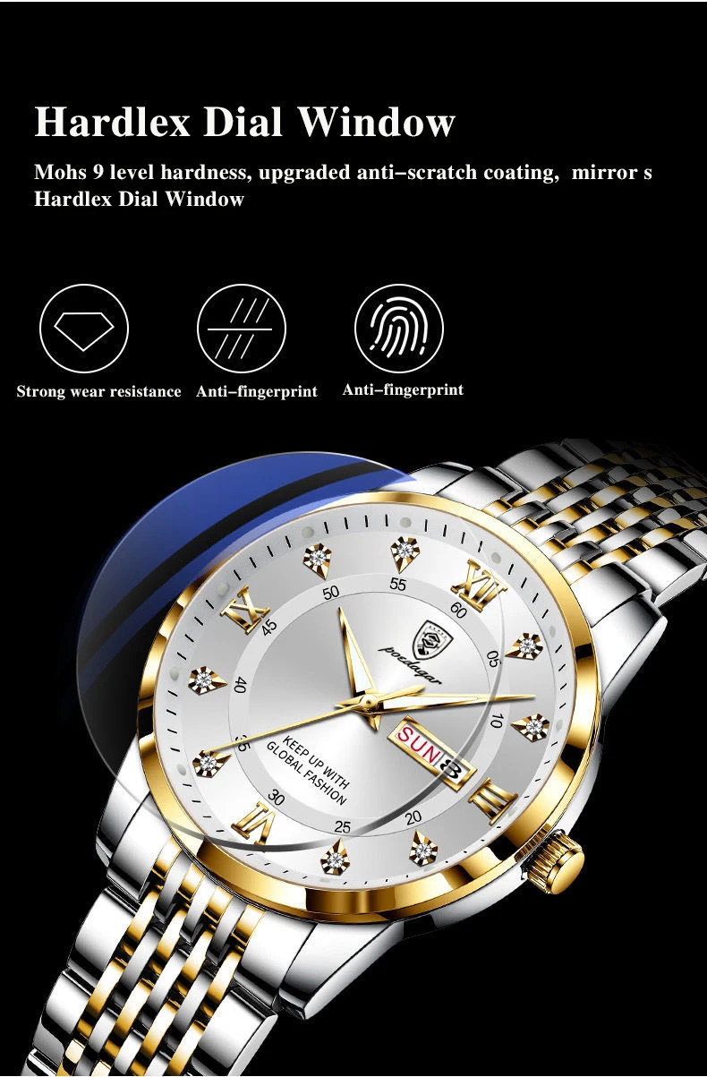 POEDAGAR Men Watch Stainless Steel Top Quailty Luxury Push Button Hidden Clasp Waterproof Luminous Date Week Sport Wrist Watches
