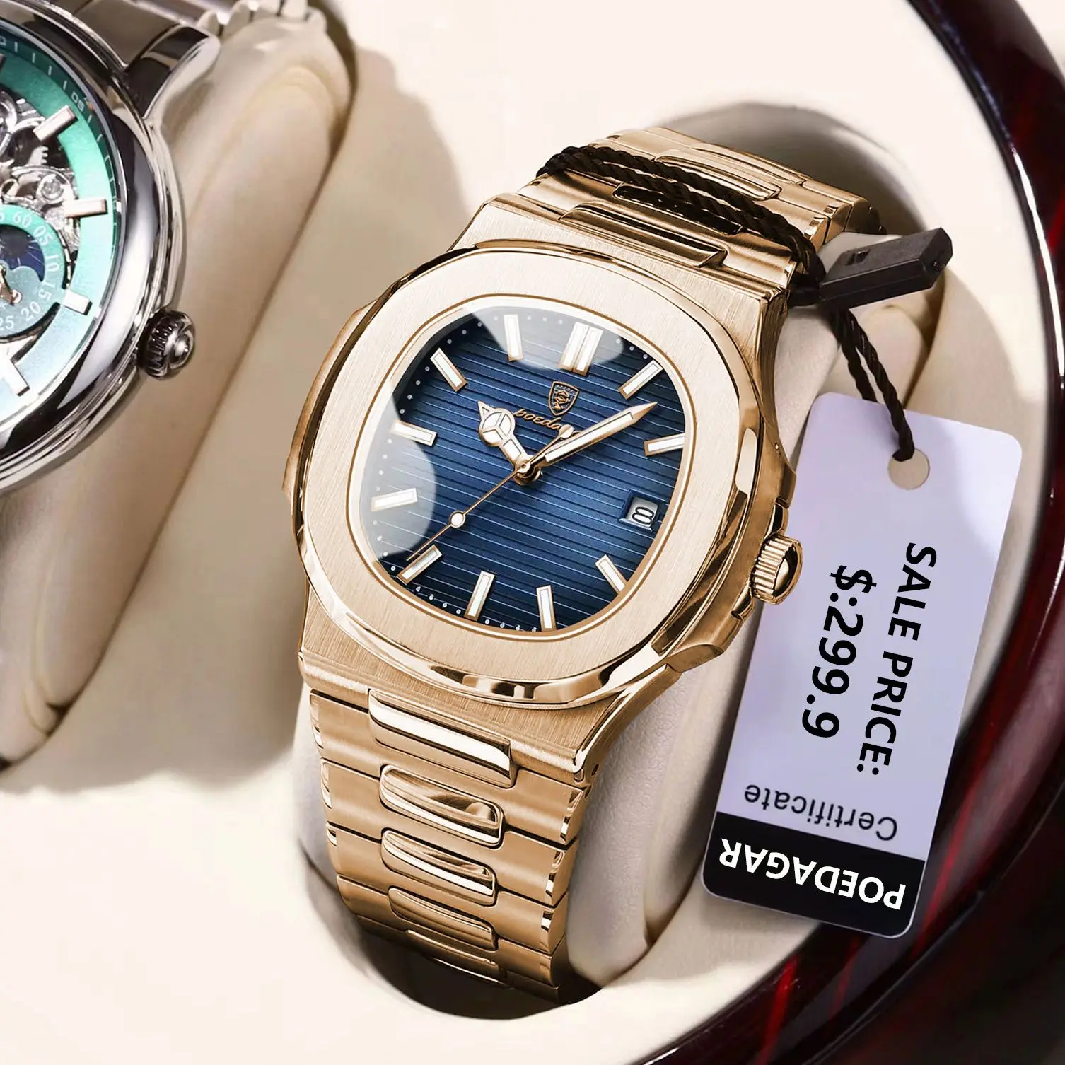 Alternative view of POEDAGAR Luxury Man Wristwatch Business Stainless Steel Quartz Men Watch Waterproof Luminous Date Square Men's Watches Clock+Box