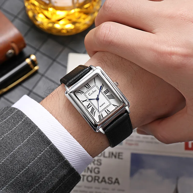 Designer Rectangle Dial Quartz Watch For Men Casual Leather Strap Luxury Business Wristwatch Relogio Masculino