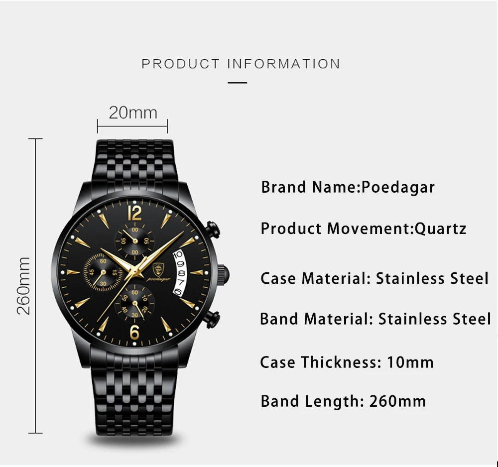Watch POEDAGAR New Fashion Men Watch Waterproof Luminous Date Sports Watches Luxury Quartz Man Wristwatch Luxuri Male Clock +Box