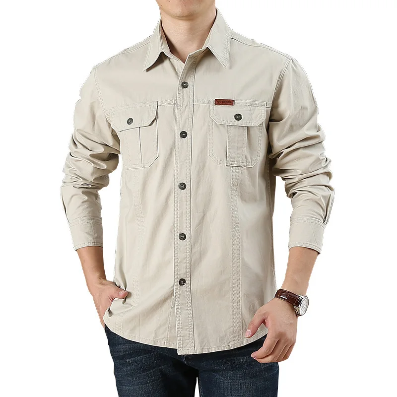 Alternative view of Spring Autumn Vintage Pure Cotton Solid Blouse Men Long Sleeve Blusa Fashion Tops Harajuku Casual Shirt Pocket Chic Male Clothes