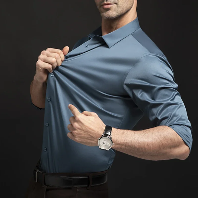 Alternative view of Men's long sleeved wrinkle resistant business suit high-end suit solid color shirt with silky non ironing shirt