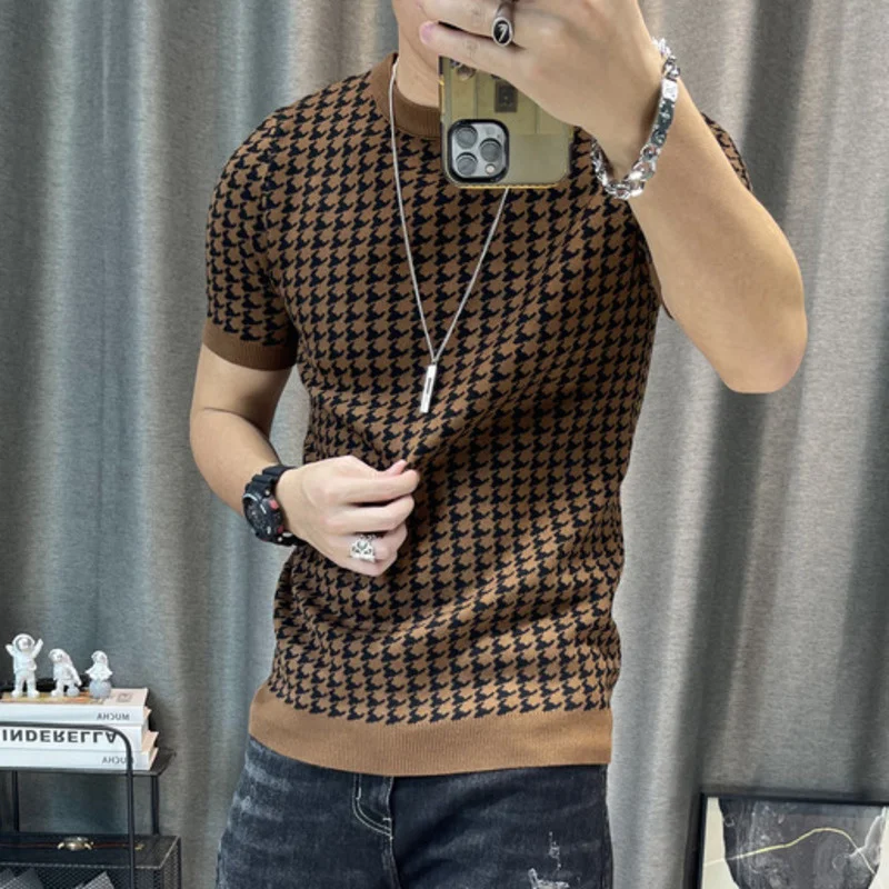 New Houndstooth Men Short Sleeve Sweater T-shirt  O-neck Knitted Top Tees Streetwear High Quality Social Club Casual Tee Shirt