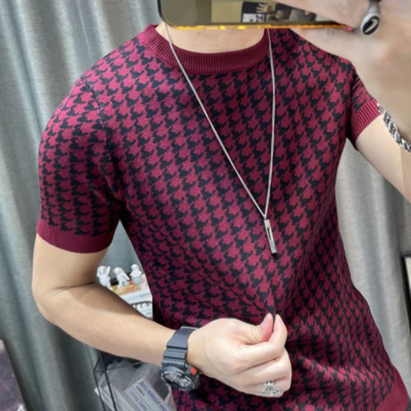 New Houndstooth Men Short Sleeve Sweater T-shirt  O-neck Knitted Top Tees Streetwear High Quality Social Club Casual Tee Shirt