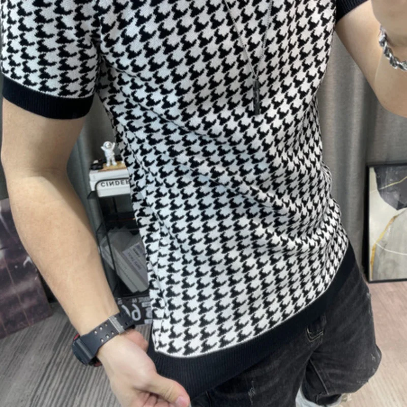 New Houndstooth Men Short Sleeve Sweater T-shirt  O-neck Knitted Top Tees Streetwear High Quality Social Club Casual Tee Shirt