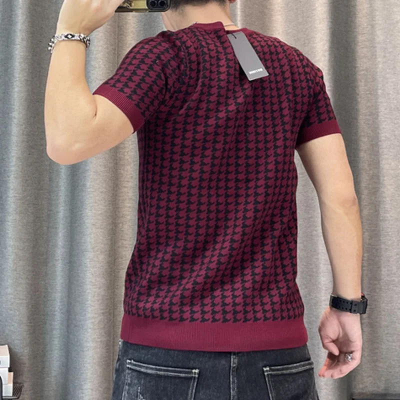 New Houndstooth Men Short Sleeve Sweater T-shirt  O-neck Knitted Top Tees Streetwear High Quality Social Club Casual Tee Shirt