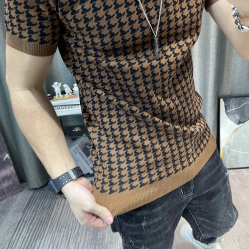 New Houndstooth Men Short Sleeve Sweater T-shirt  O-neck Knitted Top Tees Streetwear High Quality Social Club Casual Tee Shirt