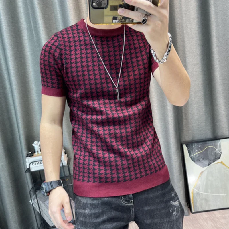 New Houndstooth Men Short Sleeve Sweater T-shirt  O-neck Knitted Top Tees Streetwear High Quality Social Club Casual Tee Shirt