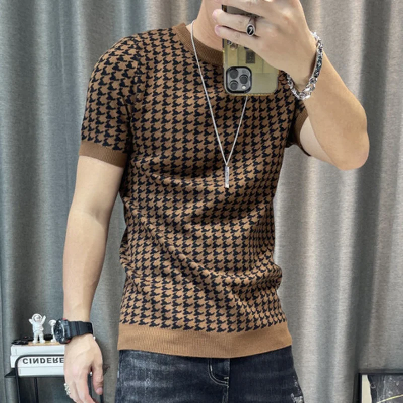 New Houndstooth Men Short Sleeve Sweater T-shirt  O-neck Knitted Top Tees Streetwear High Quality Social Club Casual Tee Shirt
