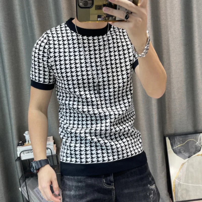 New Houndstooth Men Short Sleeve Sweater T-shirt  O-neck Knitted Top Tees Streetwear High Quality Social Club Casual Tee Shirt