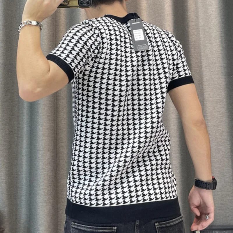 New Houndstooth Men Short Sleeve Sweater T-shirt  O-neck Knitted Top Tees Streetwear High Quality Social Club Casual Tee Shirt
