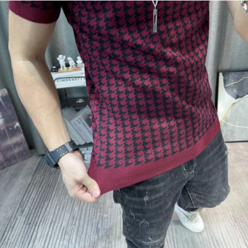 New Houndstooth Men Short Sleeve Sweater T-shirt  O-neck Knitted Top Tees Streetwear High Quality Social Club Casual Tee Shirt