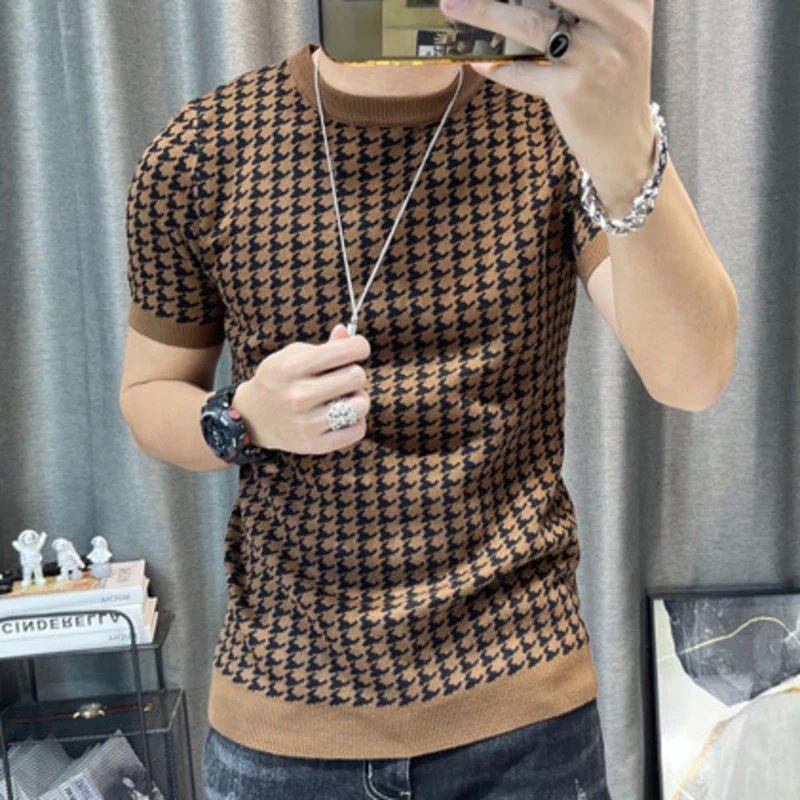 New Houndstooth Men Short Sleeve Sweater T-shirt  O-neck Knitted Top Tees Streetwear High Quality Social Club Casual Tee Shirt