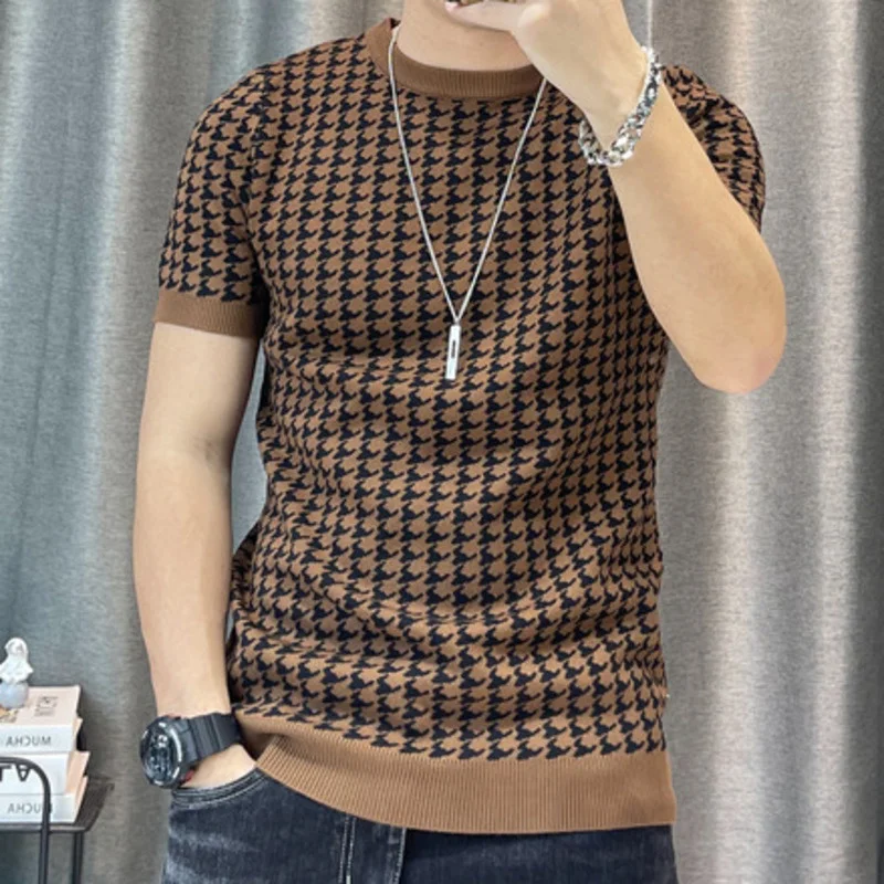 New Houndstooth Men Short Sleeve Sweater T-shirt  O-neck Knitted Top Tees Streetwear High Quality Social Club Casual Tee Shirt
