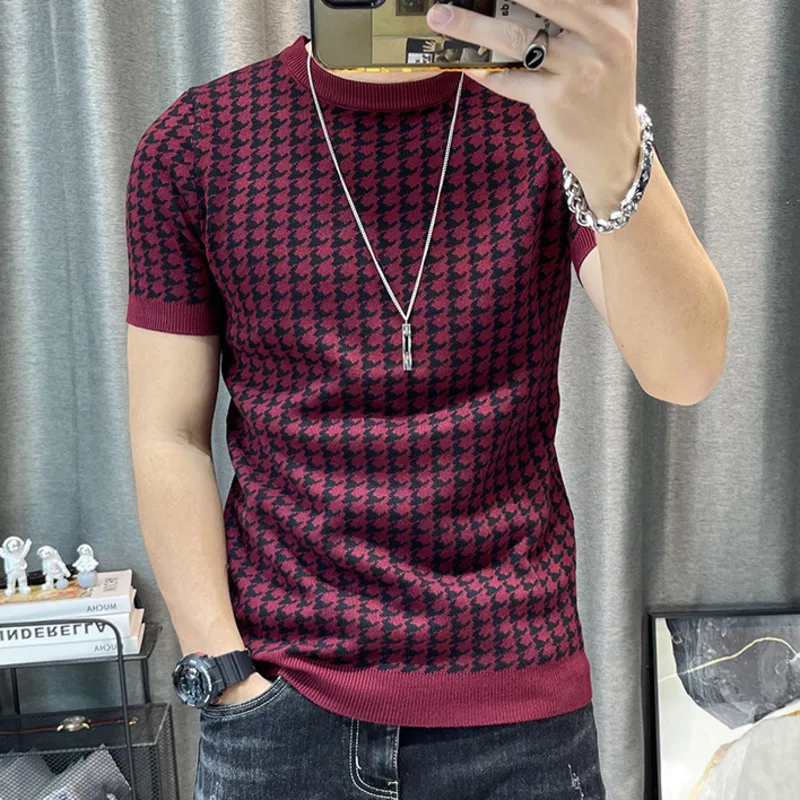 Alternative view of New Houndstooth Men Short Sleeve Sweater T-shirt  O-neck Knitted Top Tees Streetwear High Quality Social Club Casual Tee Shirt
