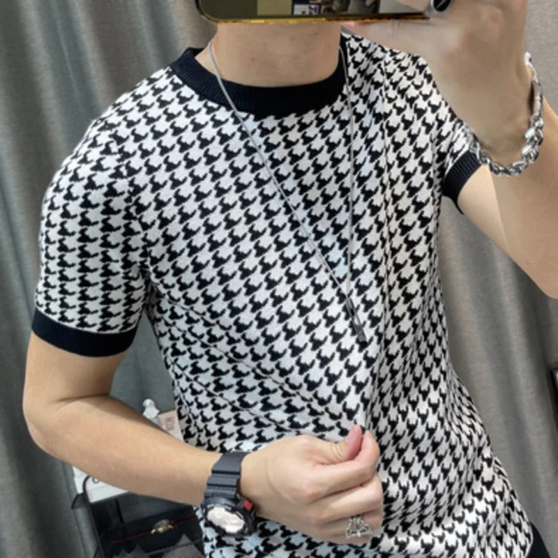 New Houndstooth Men Short Sleeve Sweater T-shirt  O-neck Knitted Top Tees Streetwear High Quality Social Club Casual Tee Shirt