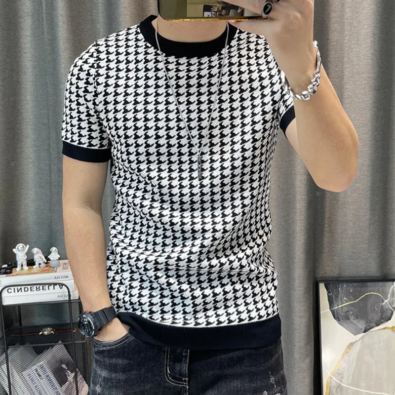 New Houndstooth Men Short Sleeve Sweater T-shirt  O-neck Knitted Top Tees Streetwear High Quality Social Club Casual Tee Shirt