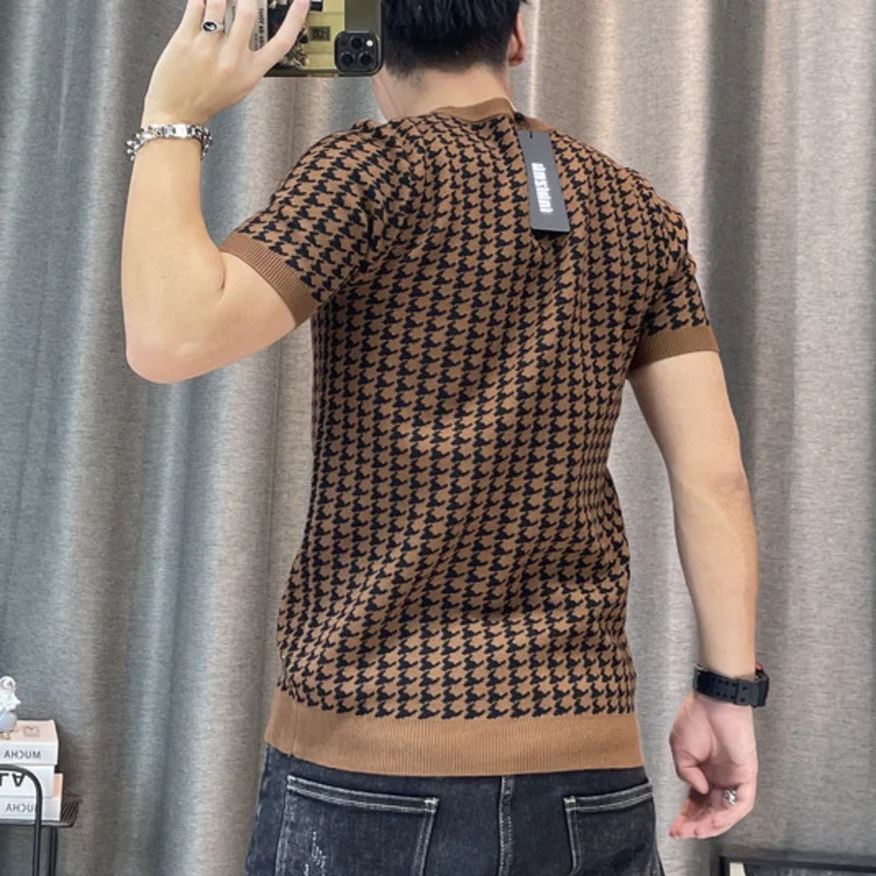 New Houndstooth Men Short Sleeve Sweater T-shirt  O-neck Knitted Top Tees Streetwear High Quality Social Club Casual Tee Shirt