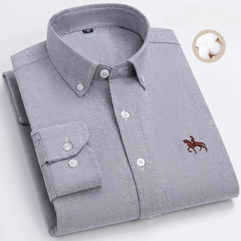 Alternative view of S~7XL 100% Pure Cotton Men's Long Sleeve Oxford Spinning Shirt Business Leisure Embroidery Pocket Slim Fit Button Style Soft Med
