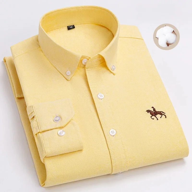 S~7XL 100% Pure Cotton Men's Long Sleeve Oxford Spinning Shirt Business Leisure Embroidery Pocket Slim Fit Button Style Soft Med