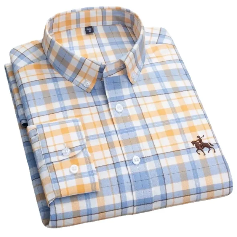 S~7XL 100% Pure Cotton Men's Long Sleeve Oxford Spinning Shirt Business Leisure Embroidery Pocket Slim Fit Button Style Soft Med
