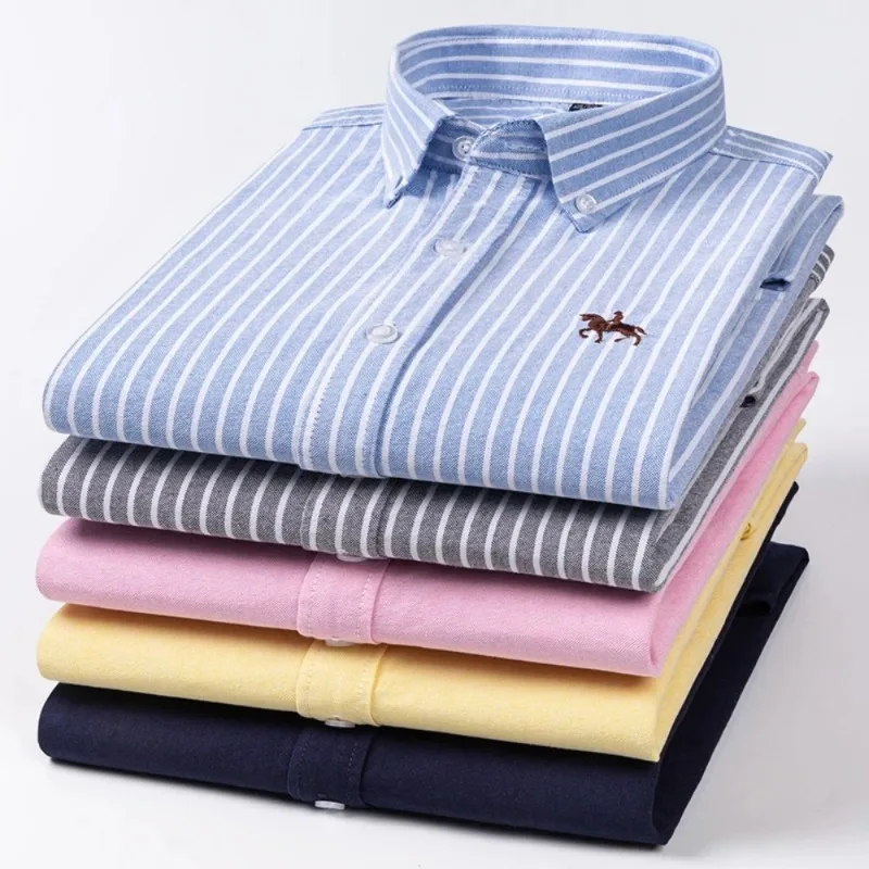 S~7XL 100% Pure Cotton Men's Long Sleeve Oxford Spinning Shirt Business Leisure Embroidery Pocket Slim Fit Button Style Soft Med