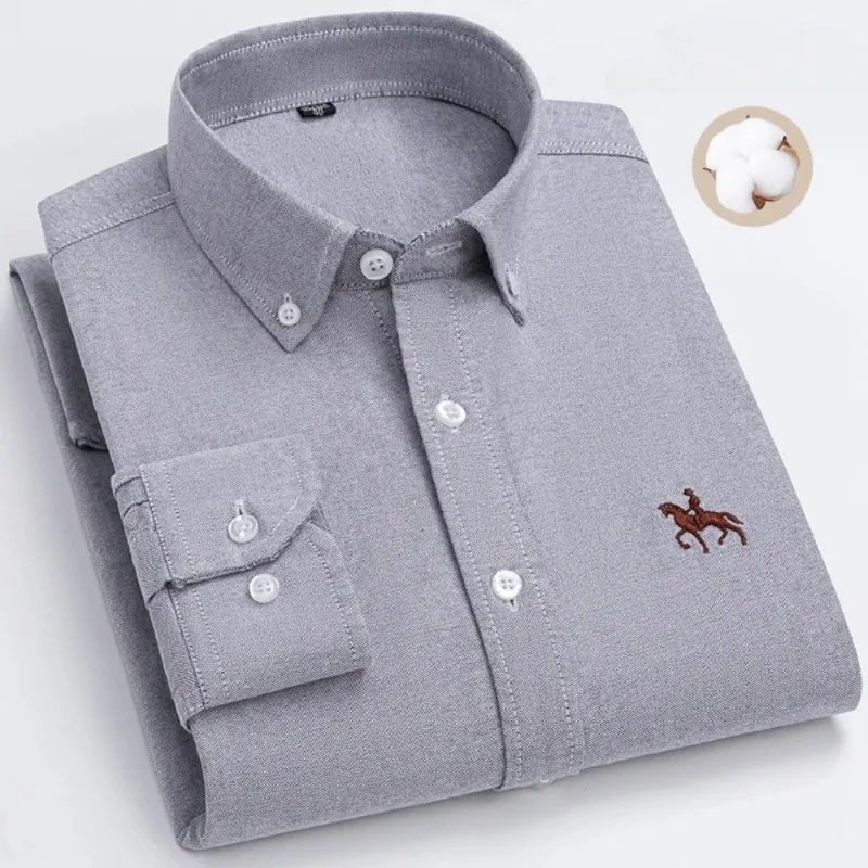 S~7XL 100% Pure Cotton Men's Long Sleeve Oxford Spinning Shirt Business Leisure Embroidery Pocket Slim Fit Button Style Soft Med