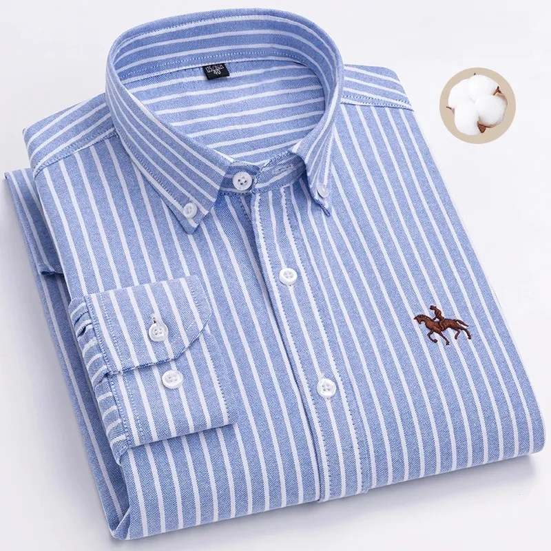 S~7XL 100% Pure Cotton Men's Long Sleeve Oxford Spinning Shirt Business Leisure Embroidery Pocket Slim Fit Button Style Soft Med