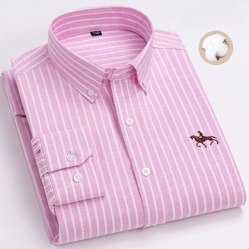 S~7XL 100% Pure Cotton Men's Long Sleeve Oxford Spinning Shirt Business Leisure Embroidery Pocket Slim Fit Button Style Soft Med