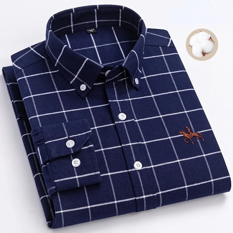 S~7XL 100% Pure Cotton Men's Long Sleeve Oxford Spinning Shirt Business Leisure Embroidery Pocket Slim Fit Button Style Soft Med