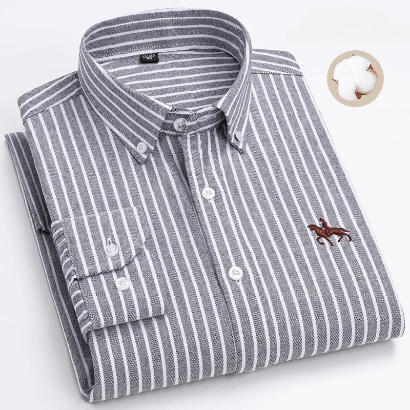 S~7XL 100% Pure Cotton Men's Long Sleeve Oxford Spinning Shirt Business Leisure Embroidery Pocket Slim Fit Button Style Soft Med