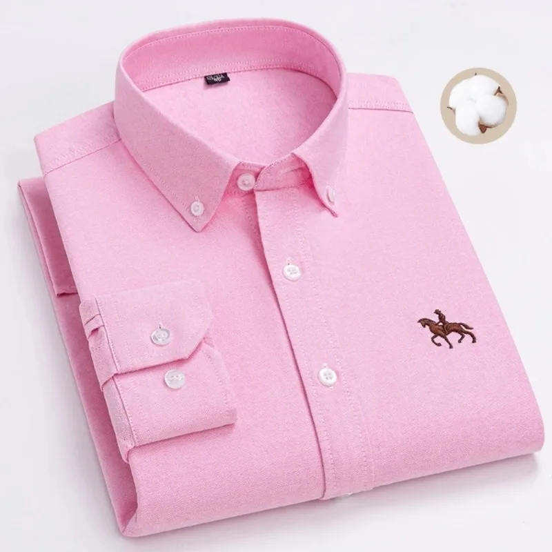 S~7XL 100% Pure Cotton Men's Long Sleeve Oxford Spinning Shirt Business Leisure Embroidery Pocket Slim Fit Button Style Soft Med