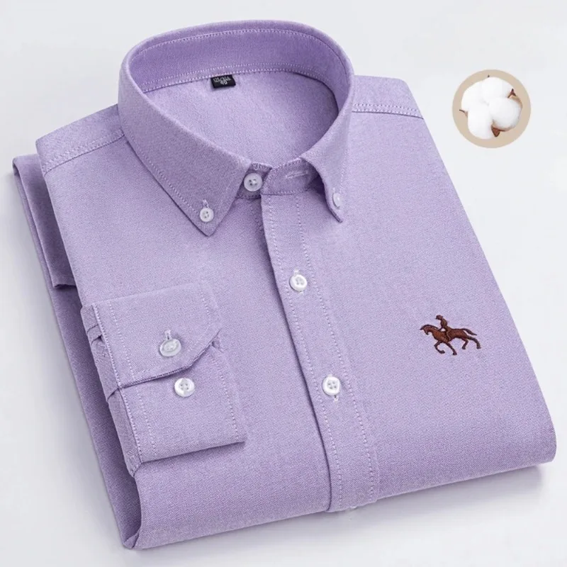 S~7XL 100% Pure Cotton Men's Long Sleeve Oxford Spinning Shirt Business Leisure Embroidery Pocket Slim Fit Button Style Soft Med