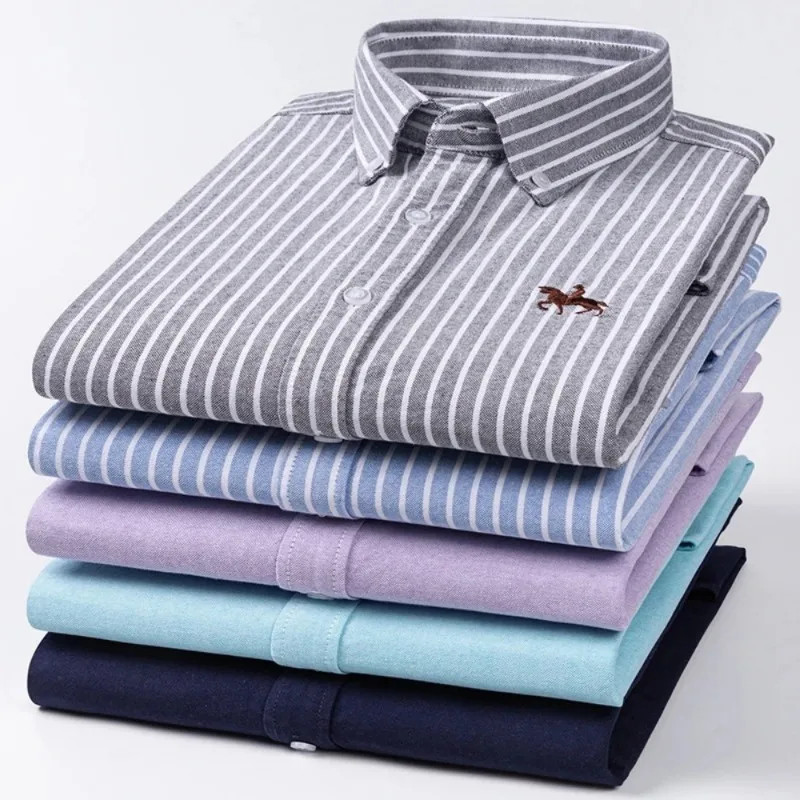 S~7XL 100% Pure Cotton Men's Long Sleeve Oxford Spinning Shirt Business Leisure Embroidery Pocket Slim Fit Button Style Soft Med